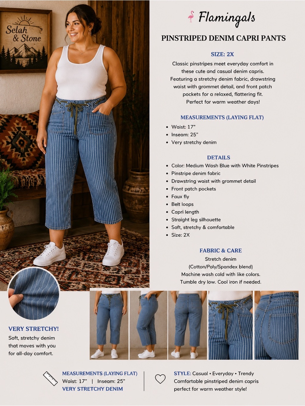 Flamingals Pinstriped Denim Capri Jeans - Medium Wash Blue. 34-36 waist